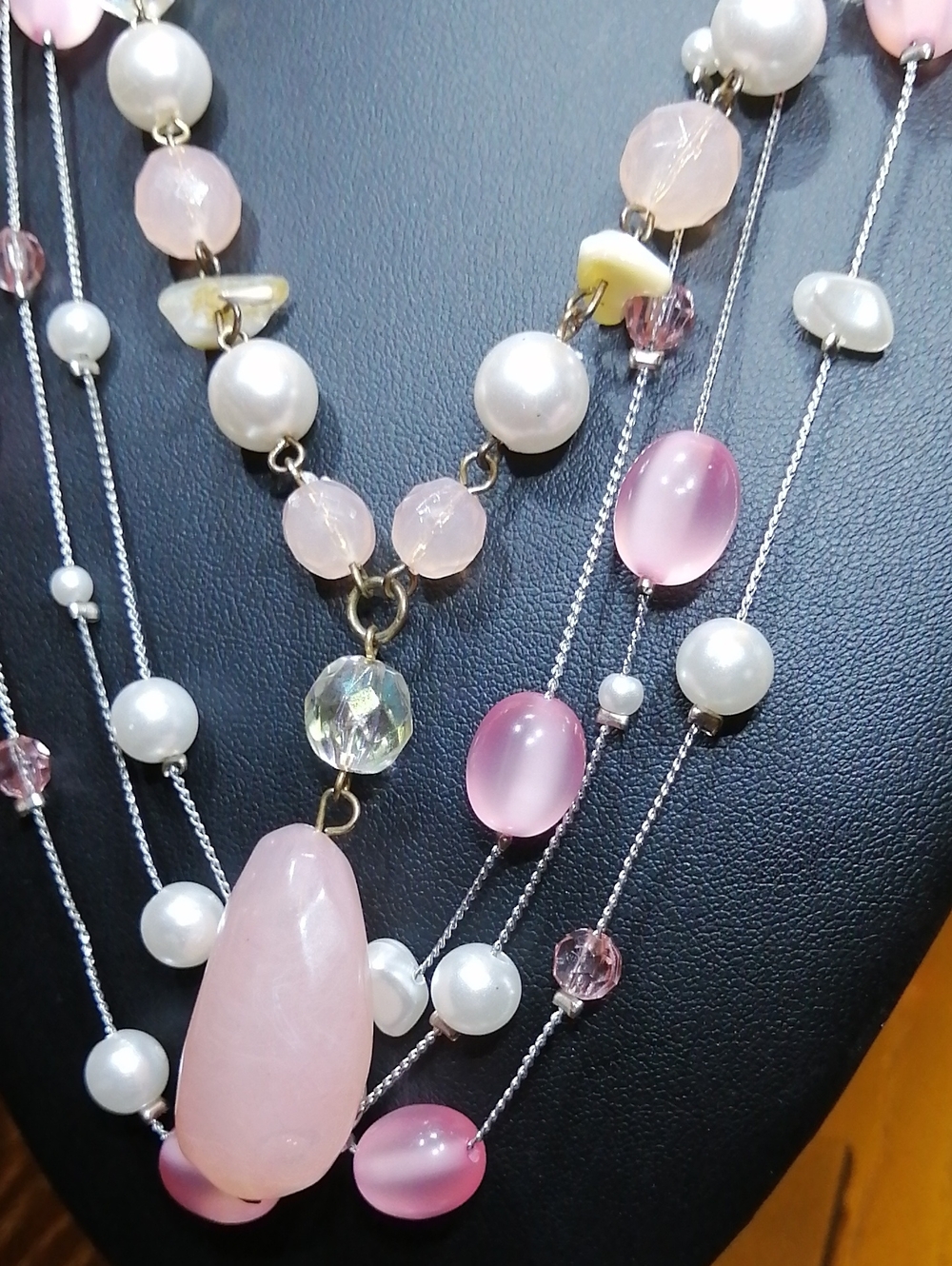 Pink Bundle: Long Necklace Faux Pearls, Aurora Borealis Beads And Faux Pearls